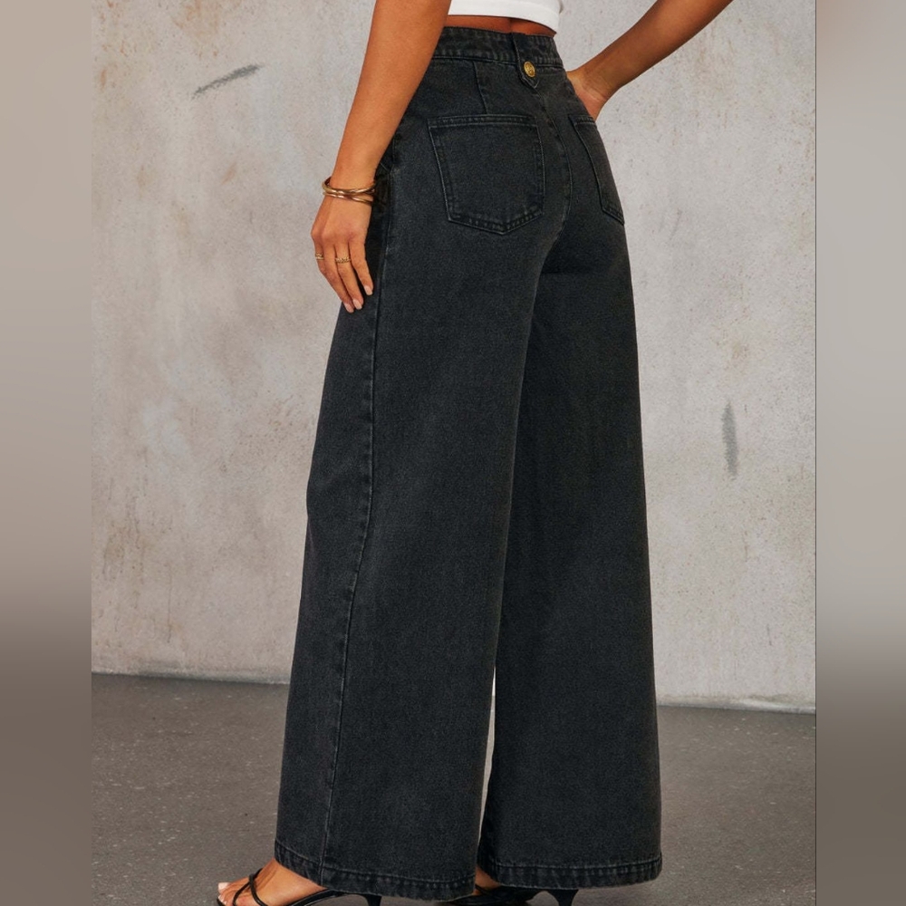 Classic Button Accent High Waist Wide Leg Jeans - Picture 2 of 13